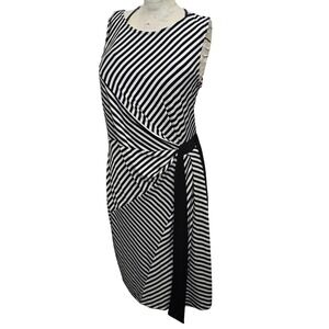 Maggy Boutique Dress Size 12 Black White Striped Ruched Asymmetrical Sleeveless